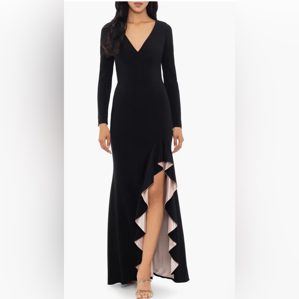 NWT Xscape Stretch V-Neck Long Sleeve Cascading Ruffle Gown